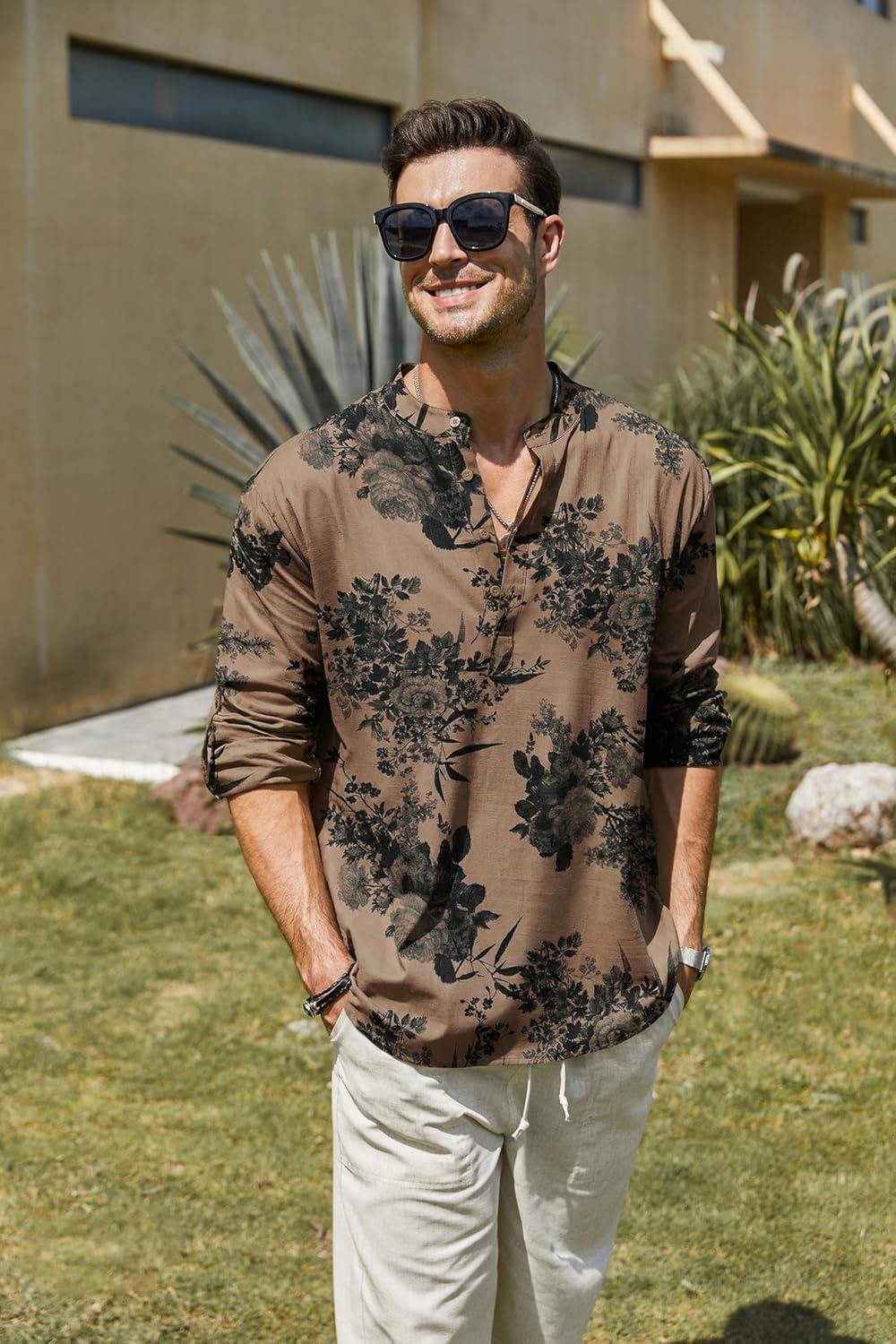 imageCOOFANDY Mens Cotton Linen Henley TShirt Long Sleeve Hippie Casual Beach TShirtsDark Khaki Floral