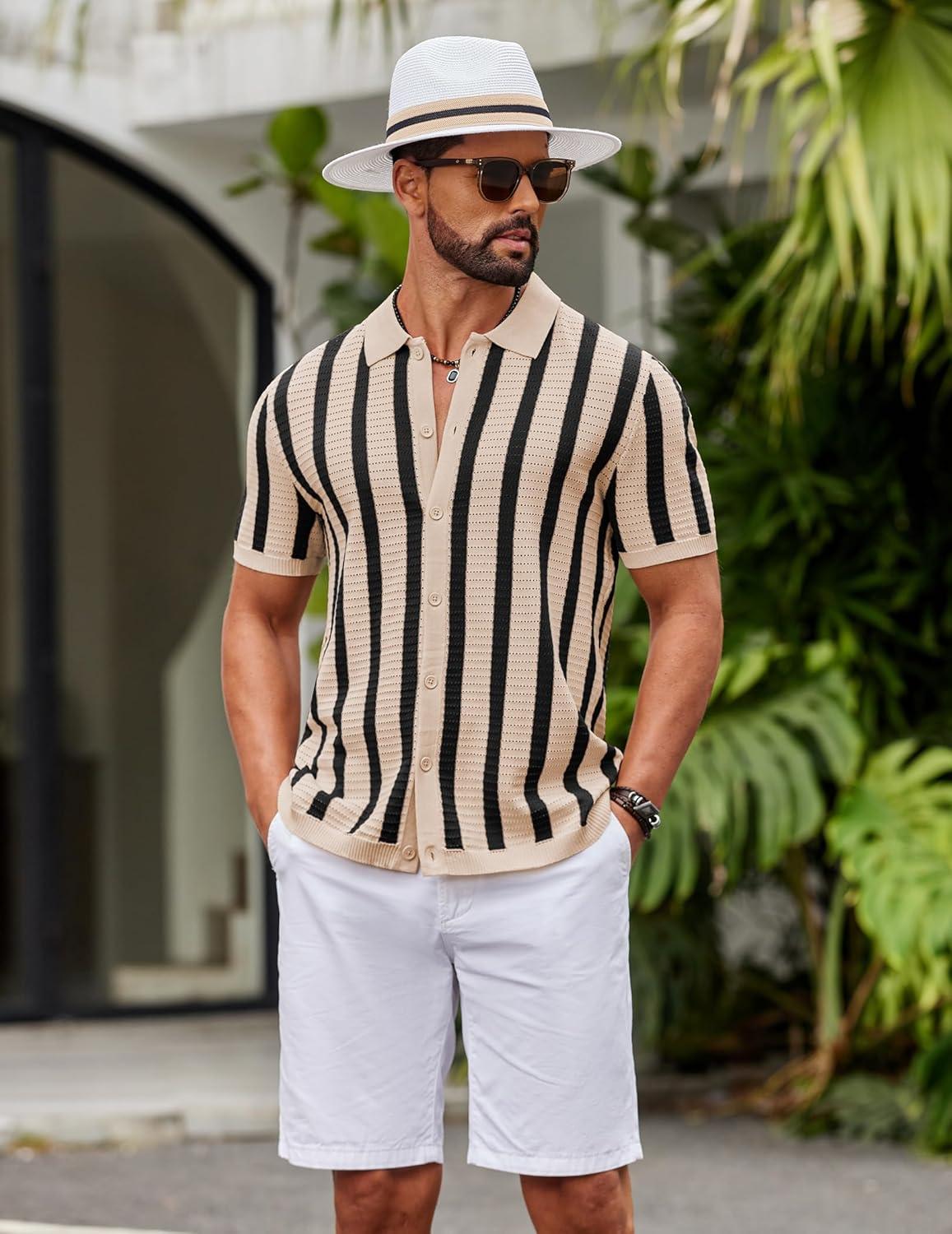 imageCOOFANDY Mens Knit Shirts Short Sleeve Button Down Polo Shirt Striped Casual Summer Beach ShirtsApricot Black