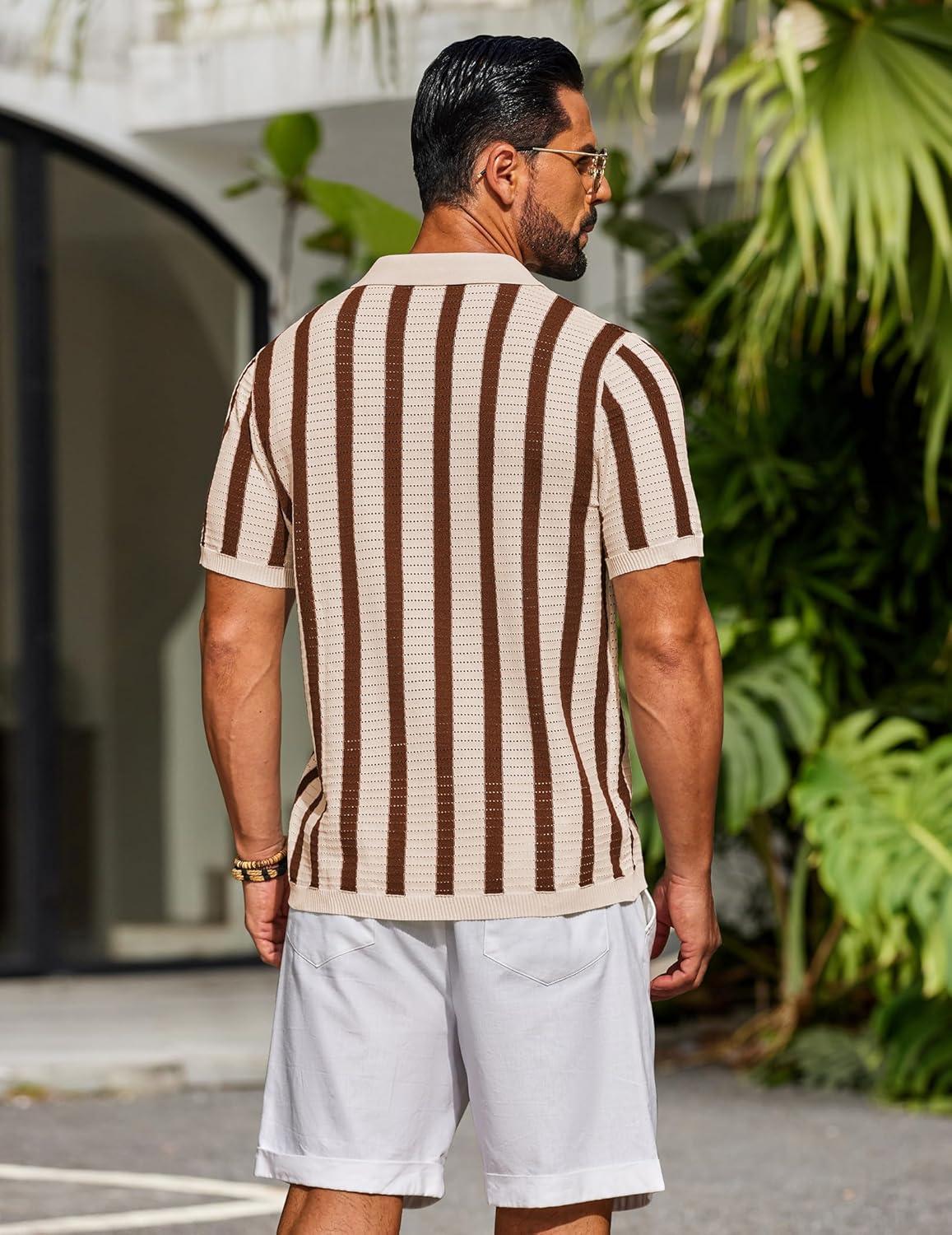 imageCOOFANDY Mens Knit Shirts Short Sleeve Button Down Polo Shirt Striped Casual Summer Beach ShirtsApricot Caramel