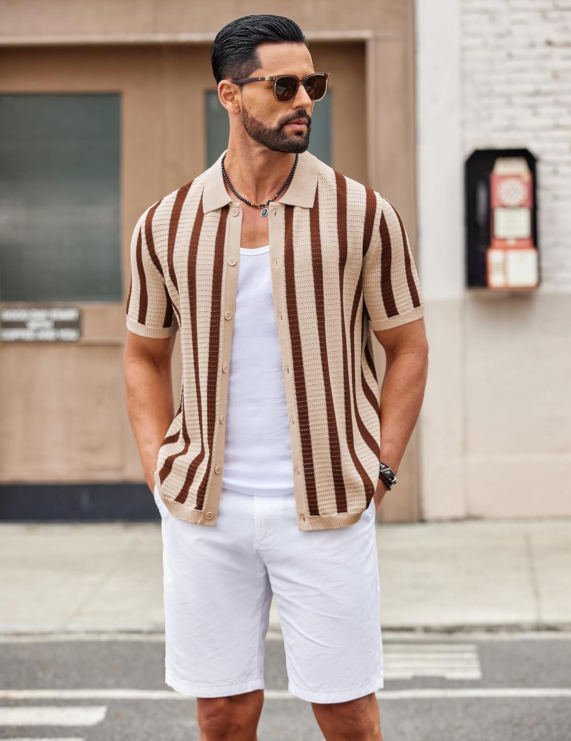 imageCOOFANDY Mens Knit Shirts Short Sleeve Button Down Polo Shirt Striped Casual Summer Beach ShirtsApricot Caramel
