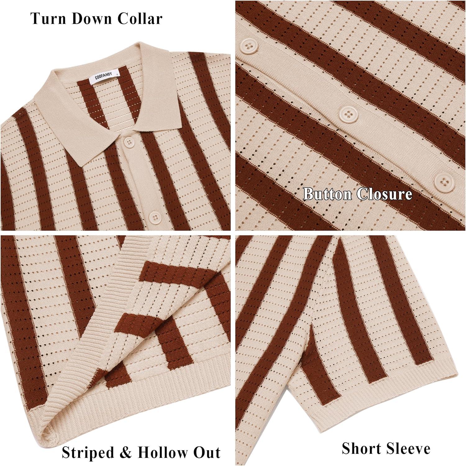 imageCOOFANDY Mens Knit Shirts Short Sleeve Button Down Polo Shirt Striped Casual Summer Beach ShirtsApricot Caramel