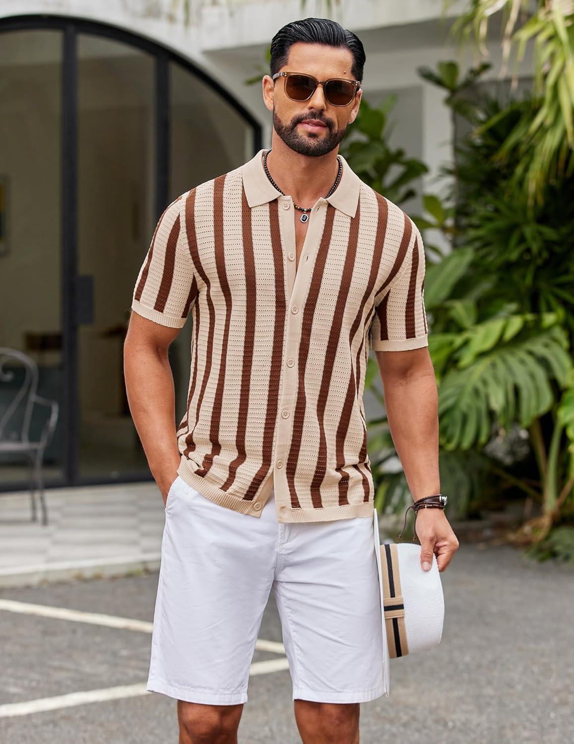 imageCOOFANDY Mens Knit Shirts Short Sleeve Button Down Polo Shirt Striped Casual Summer Beach ShirtsApricot Caramel