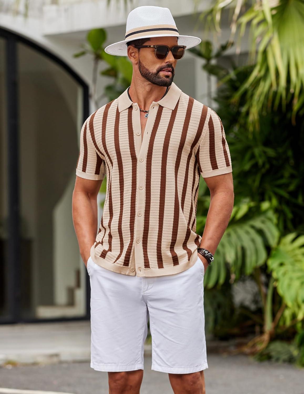 imageCOOFANDY Mens Knit Shirts Short Sleeve Button Down Polo Shirt Striped Casual Summer Beach ShirtsApricot Caramel
