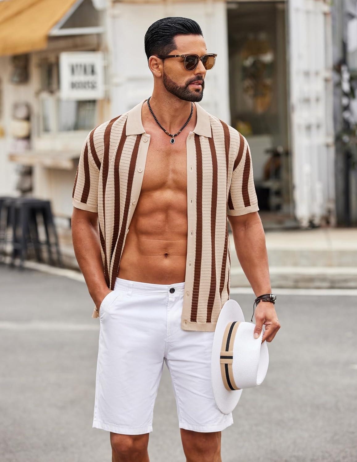 imageCOOFANDY Mens Knit Shirts Short Sleeve Button Down Polo Shirt Striped Casual Summer Beach ShirtsApricot Caramel