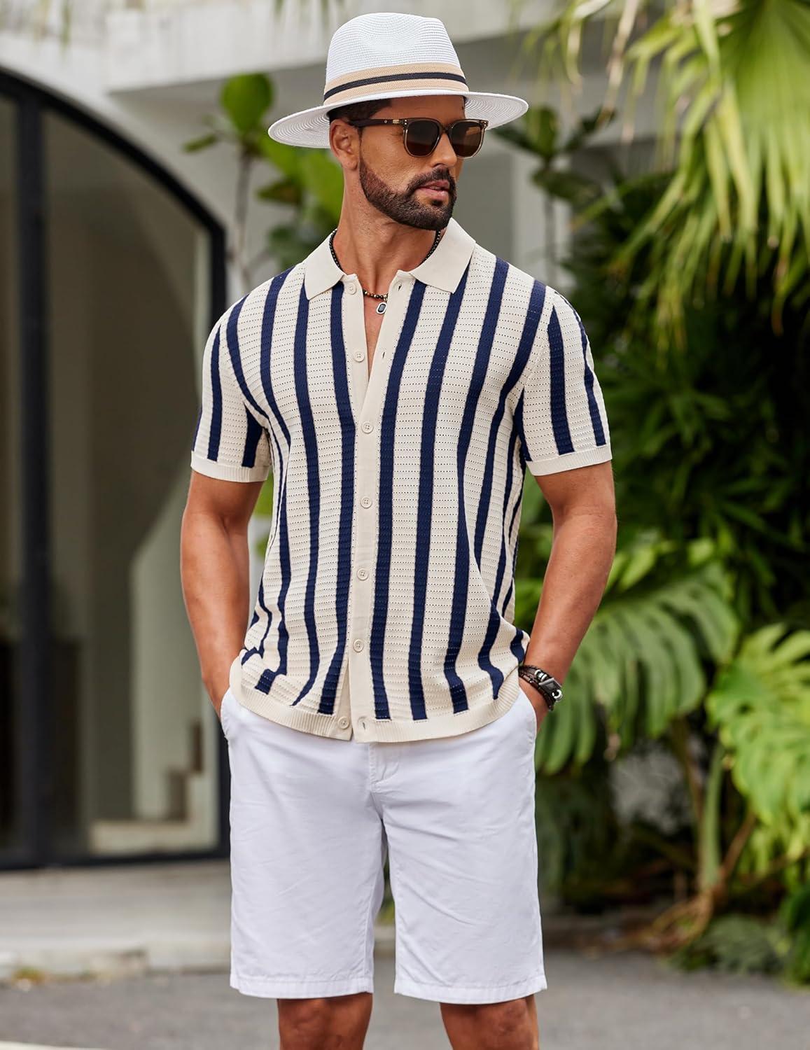 imageCOOFANDY Mens Knit Shirts Short Sleeve Button Down Polo Shirt Striped Casual Summer Beach ShirtsBeige Navy Blue