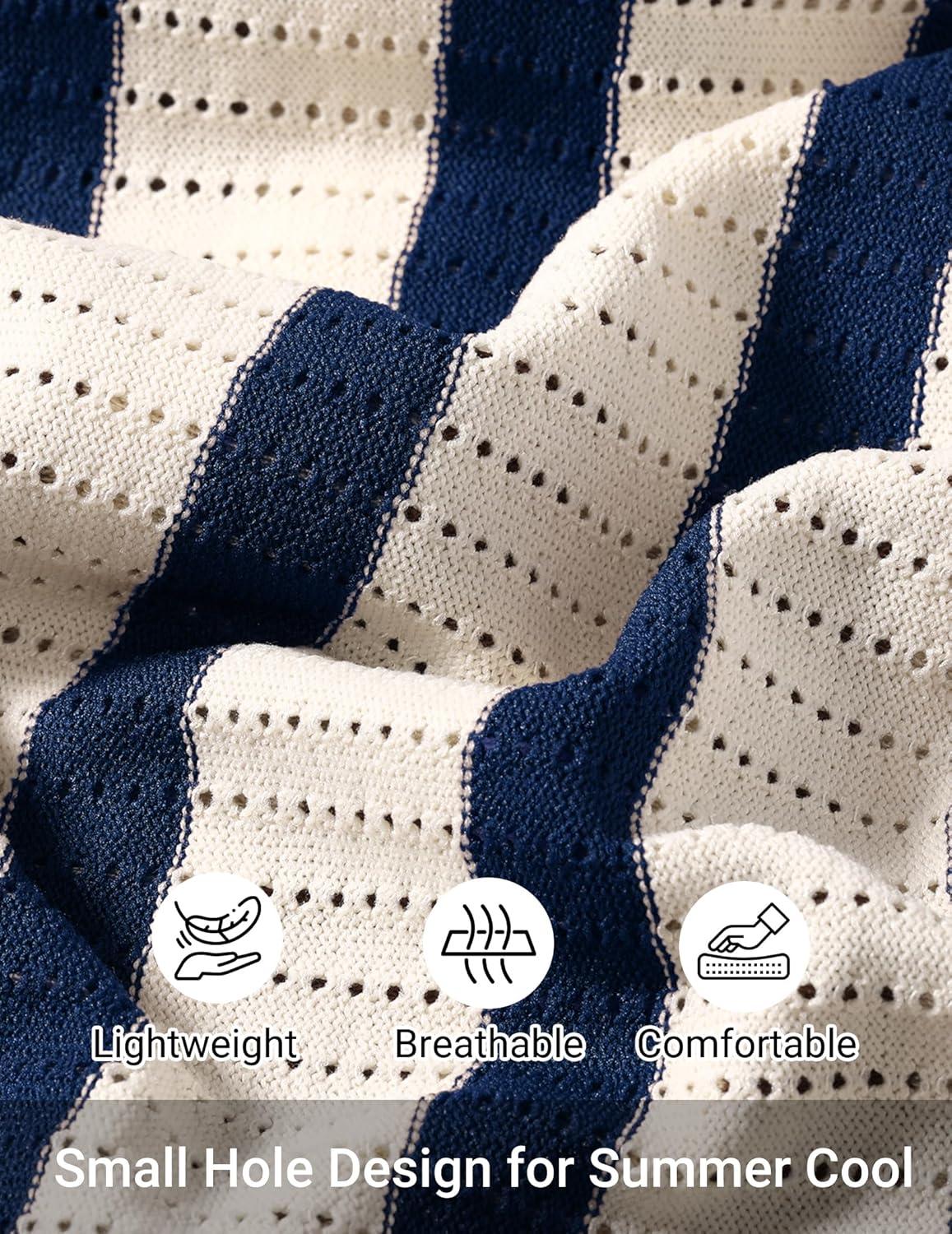 imageCOOFANDY Mens Knit Shirts Short Sleeve Button Down Polo Shirt Striped Casual Summer Beach ShirtsBeige Navy Blue