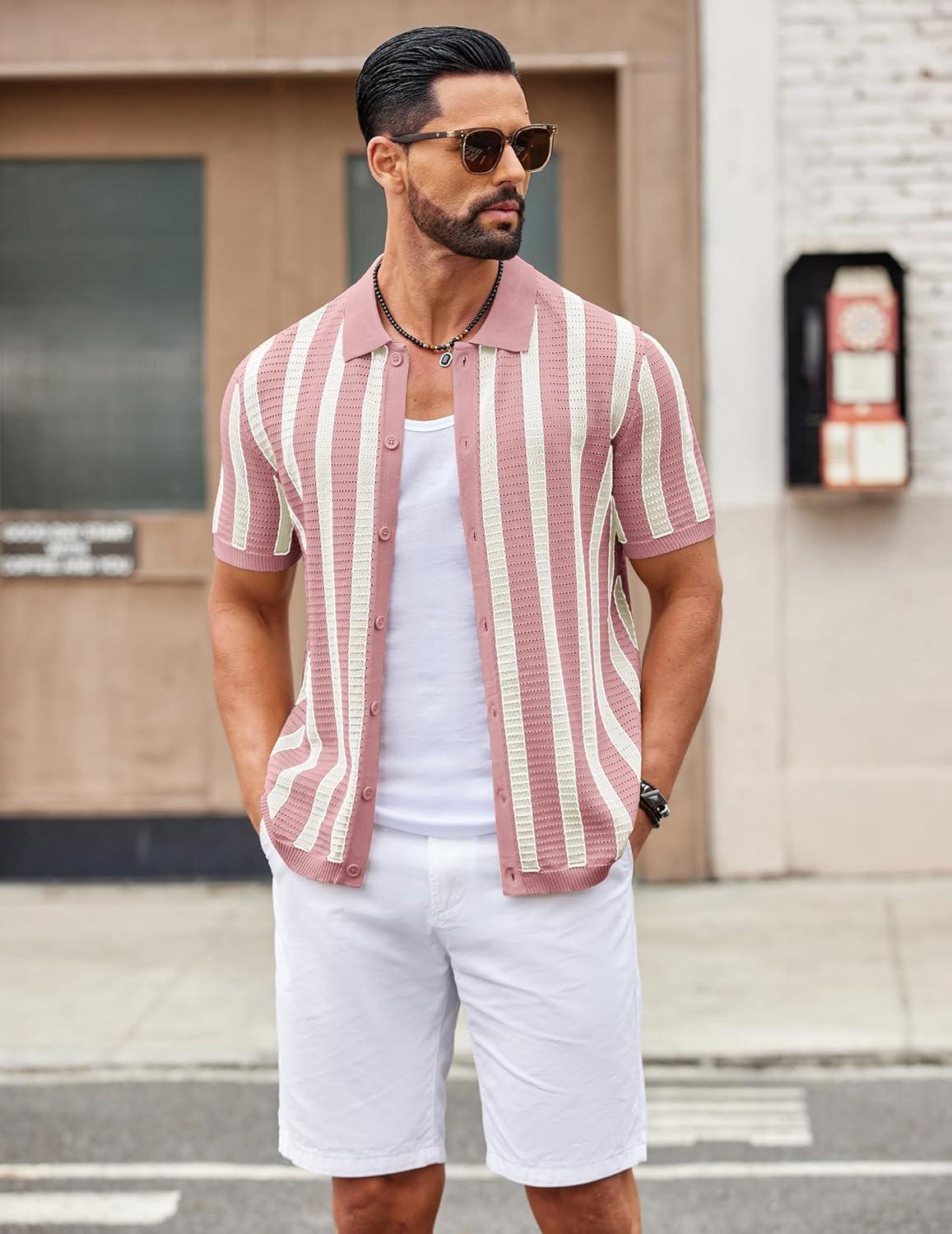 imageCOOFANDY Mens Knit Shirts Short Sleeve Button Down Polo Shirt Striped Casual Summer Beach ShirtsDusty Pink Beige