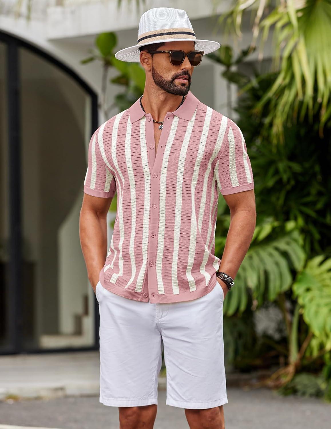 imageCOOFANDY Mens Knit Shirts Short Sleeve Button Down Polo Shirt Striped Casual Summer Beach ShirtsDusty Pink Beige
