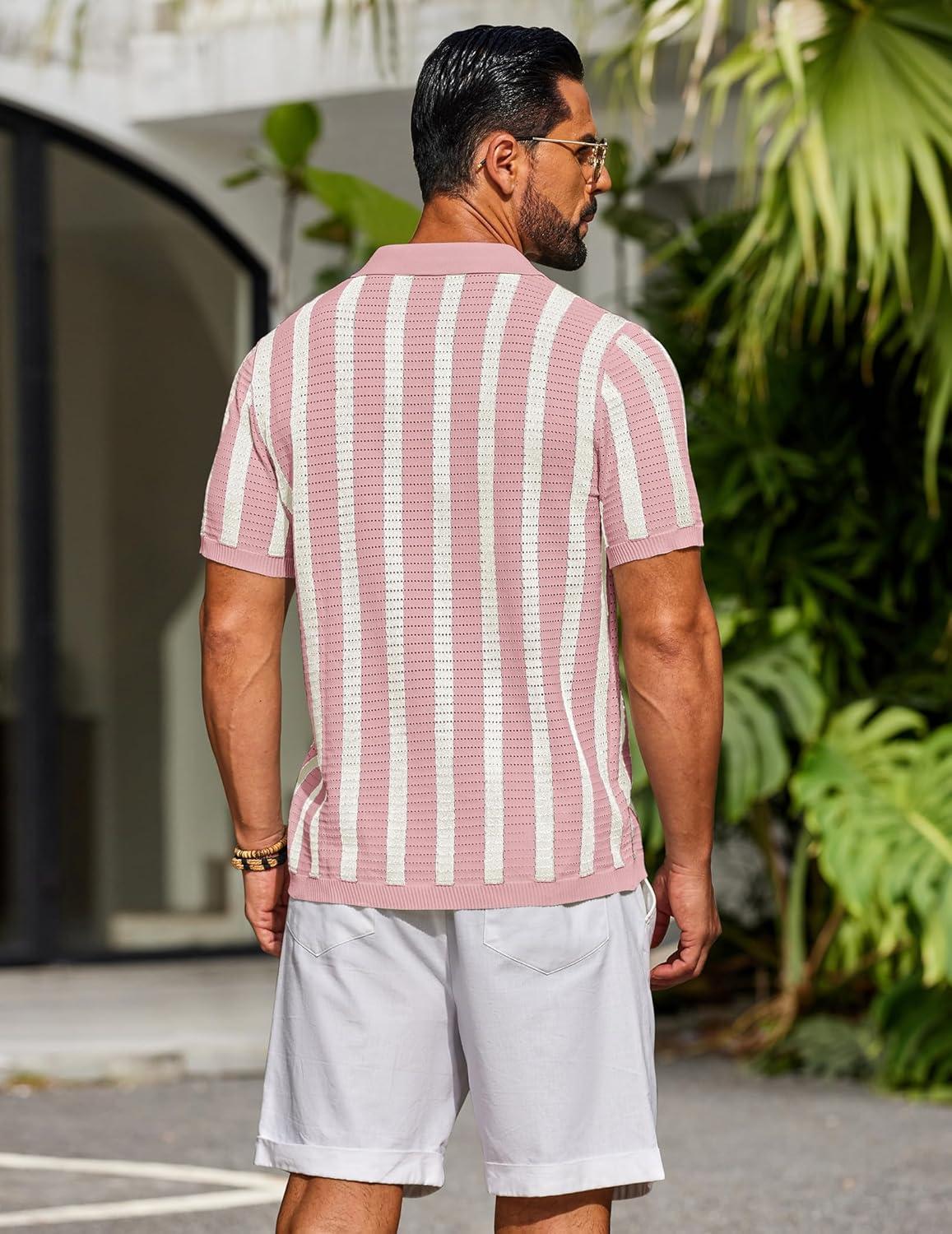 imageCOOFANDY Mens Knit Shirts Short Sleeve Button Down Polo Shirt Striped Casual Summer Beach ShirtsDusty Pink Beige