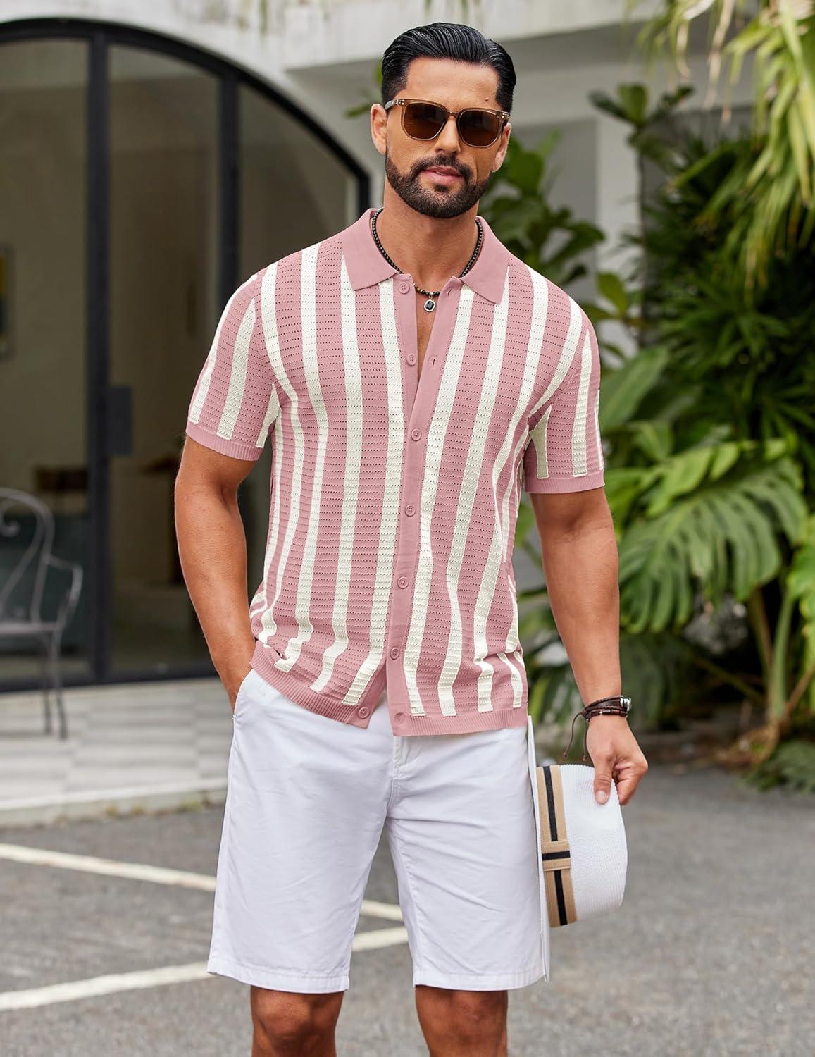 imageCOOFANDY Mens Knit Shirts Short Sleeve Button Down Polo Shirt Striped Casual Summer Beach ShirtsDusty Pink Beige