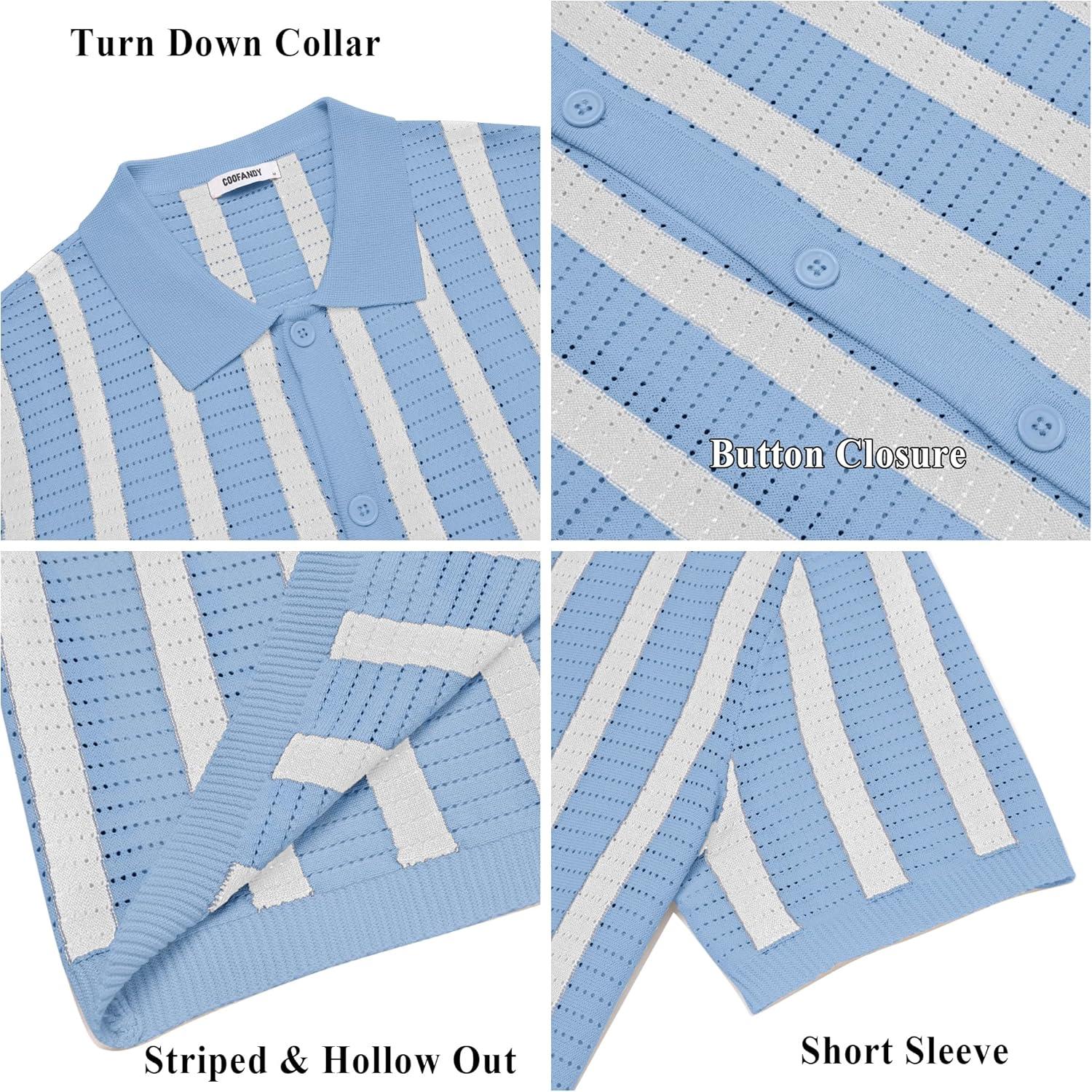 imageCOOFANDY Mens Knit Shirts Short Sleeve Button Down Polo Shirt Striped Casual Summer Beach ShirtsLight Blue White