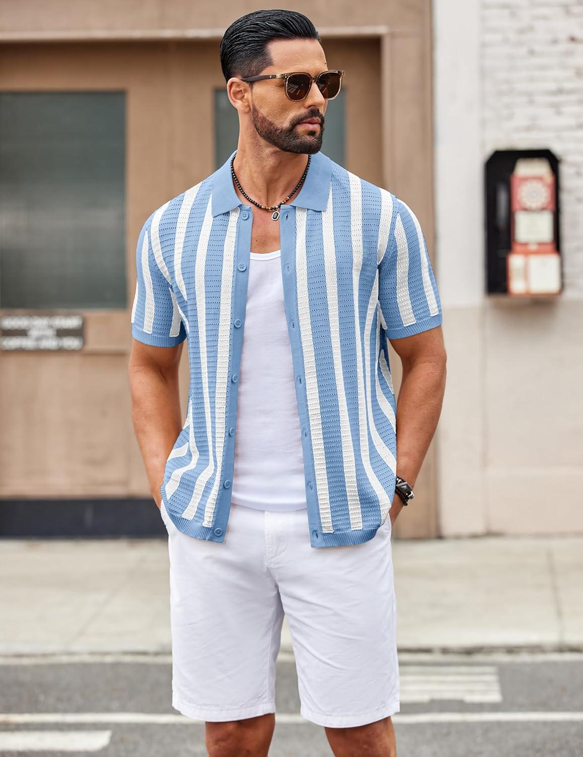 imageCOOFANDY Mens Knit Shirts Short Sleeve Button Down Polo Shirt Striped Casual Summer Beach ShirtsLight Blue White