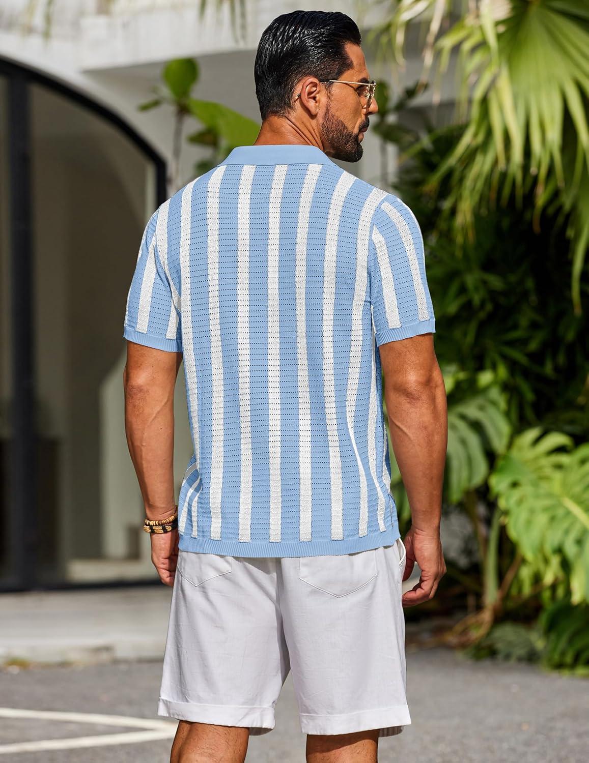 imageCOOFANDY Mens Knit Shirts Short Sleeve Button Down Polo Shirt Striped Casual Summer Beach ShirtsLight Blue White