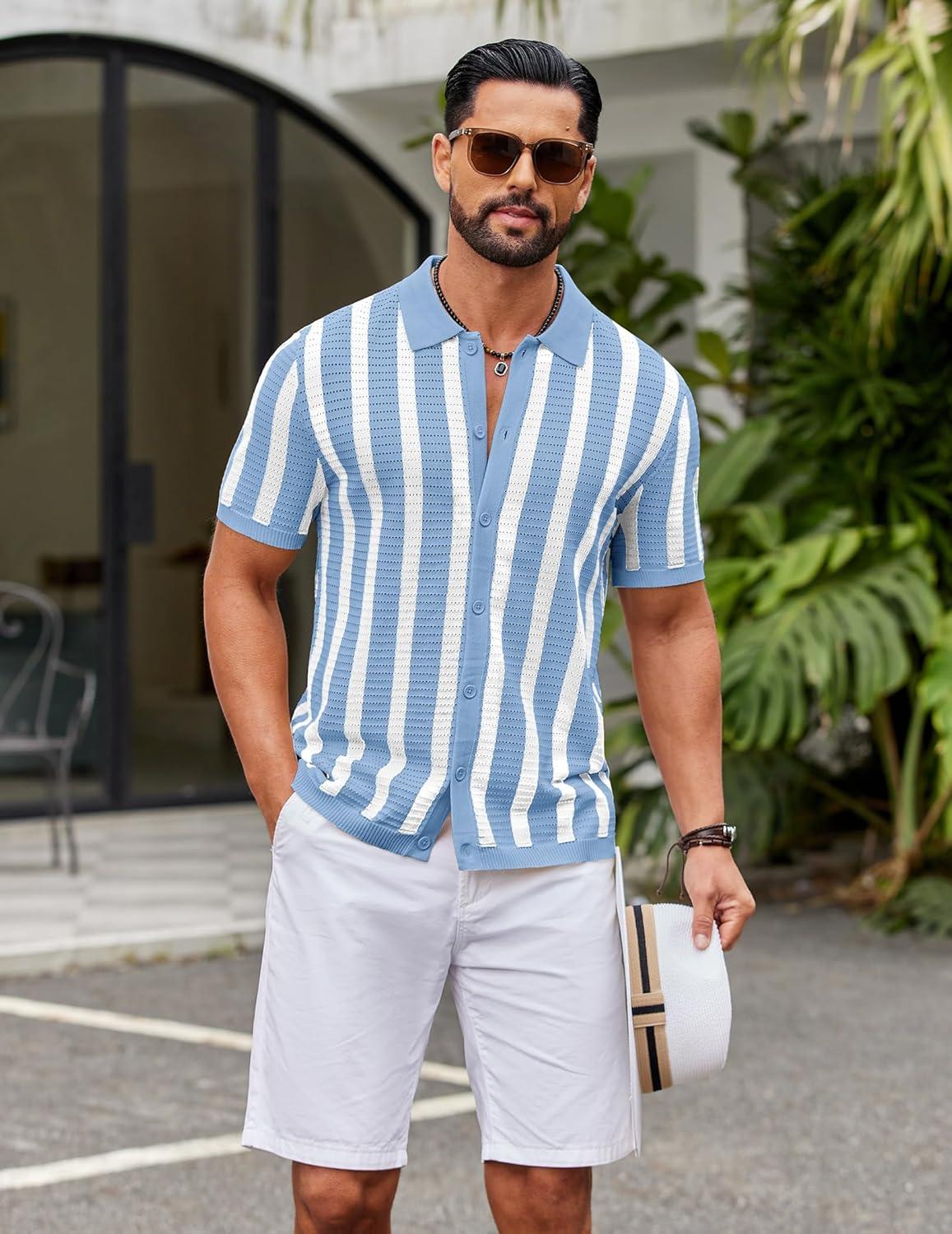imageCOOFANDY Mens Knit Shirts Short Sleeve Button Down Polo Shirt Striped Casual Summer Beach ShirtsLight Blue White