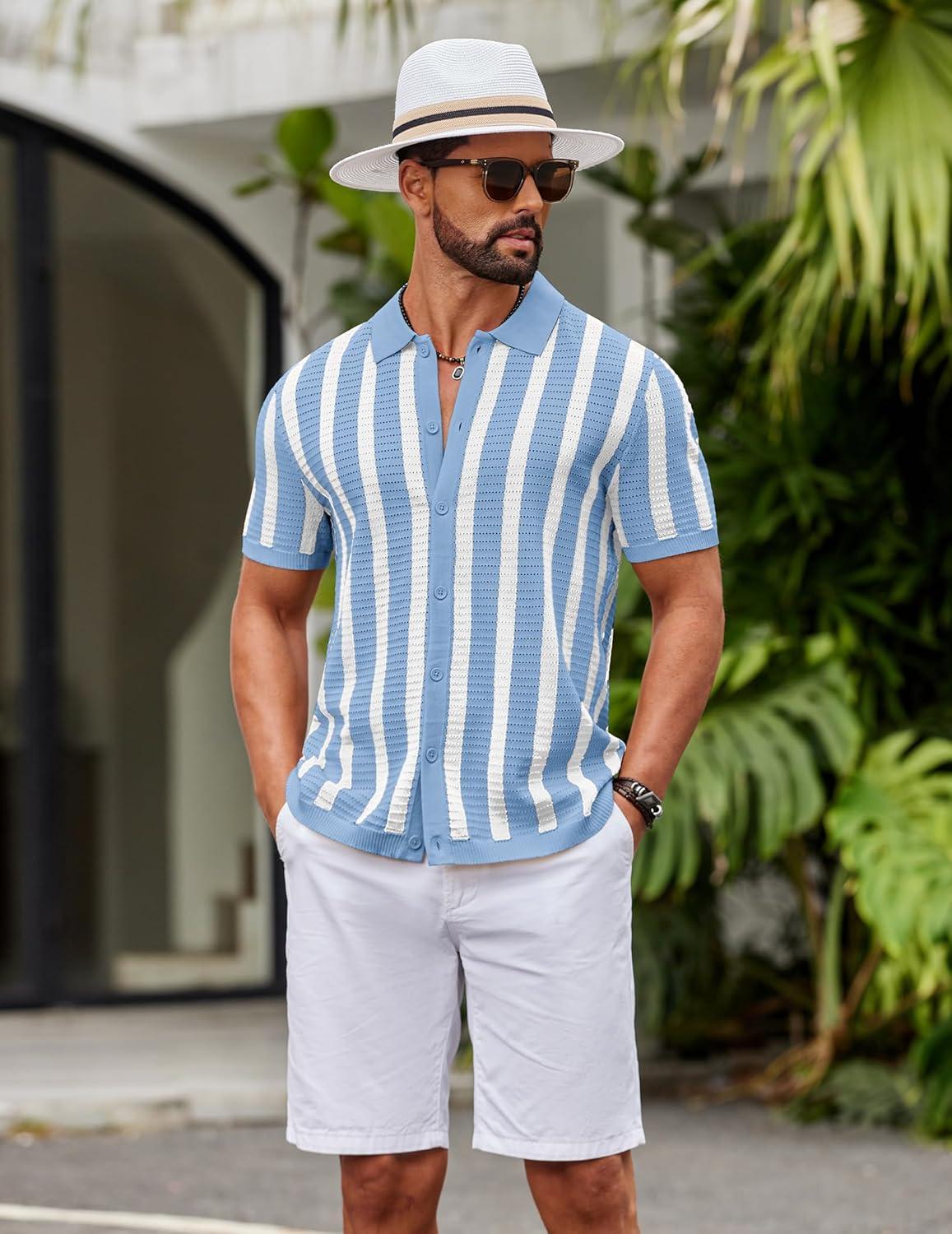 imageCOOFANDY Mens Knit Shirts Short Sleeve Button Down Polo Shirt Striped Casual Summer Beach ShirtsLight Blue White