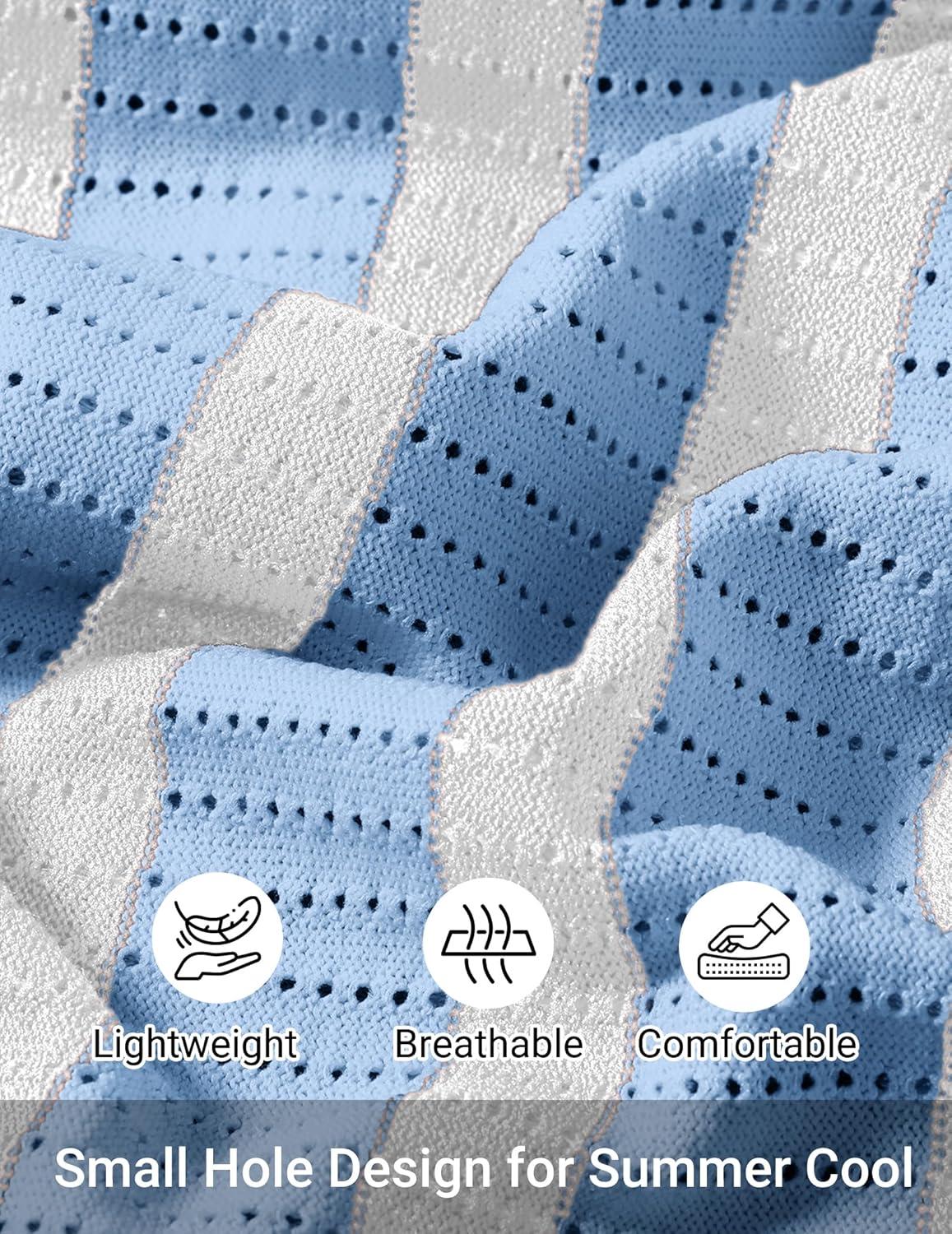 imageCOOFANDY Mens Knit Shirts Short Sleeve Button Down Polo Shirt Striped Casual Summer Beach ShirtsLight Blue White