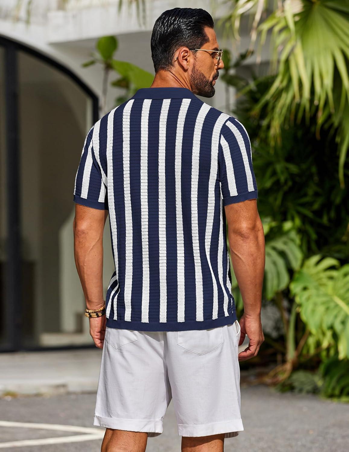 imageCOOFANDY Mens Knit Shirts Short Sleeve Button Down Polo Shirt Striped Casual Summer Beach ShirtsNavy Blue White