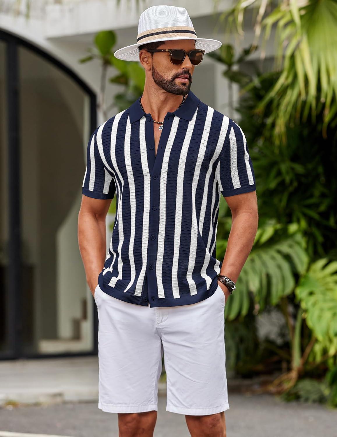 imageCOOFANDY Mens Knit Shirts Short Sleeve Button Down Polo Shirt Striped Casual Summer Beach ShirtsNavy Blue White