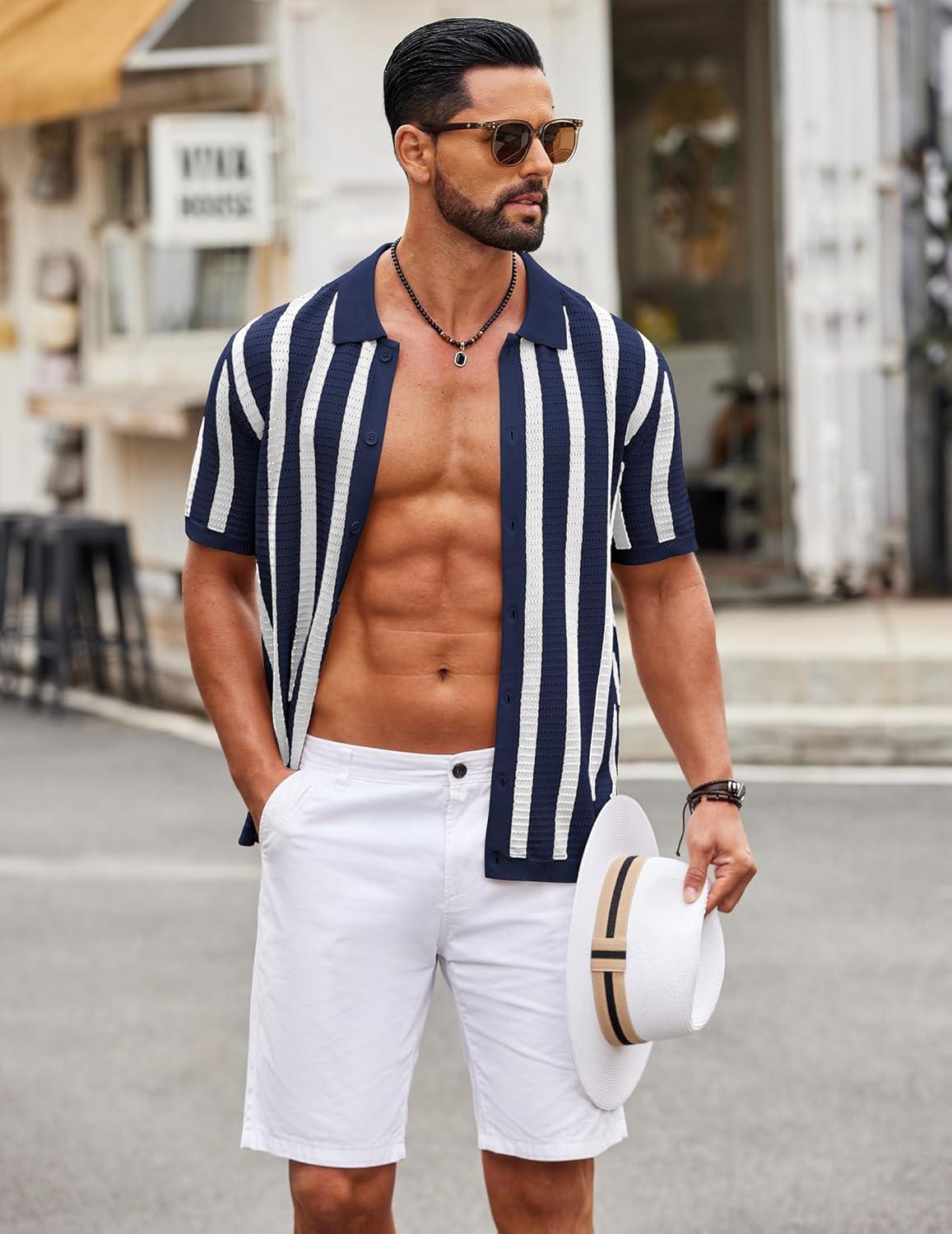 imageCOOFANDY Mens Knit Shirts Short Sleeve Button Down Polo Shirt Striped Casual Summer Beach ShirtsNavy Blue White
