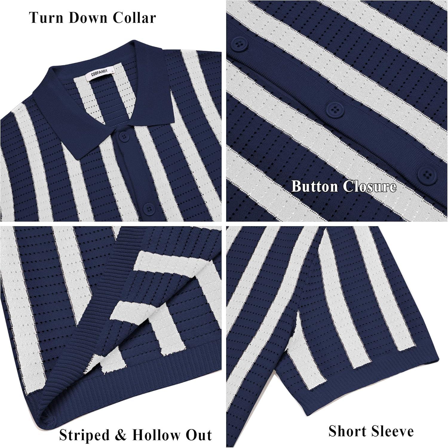 imageCOOFANDY Mens Knit Shirts Short Sleeve Button Down Polo Shirt Striped Casual Summer Beach ShirtsNavy Blue White
