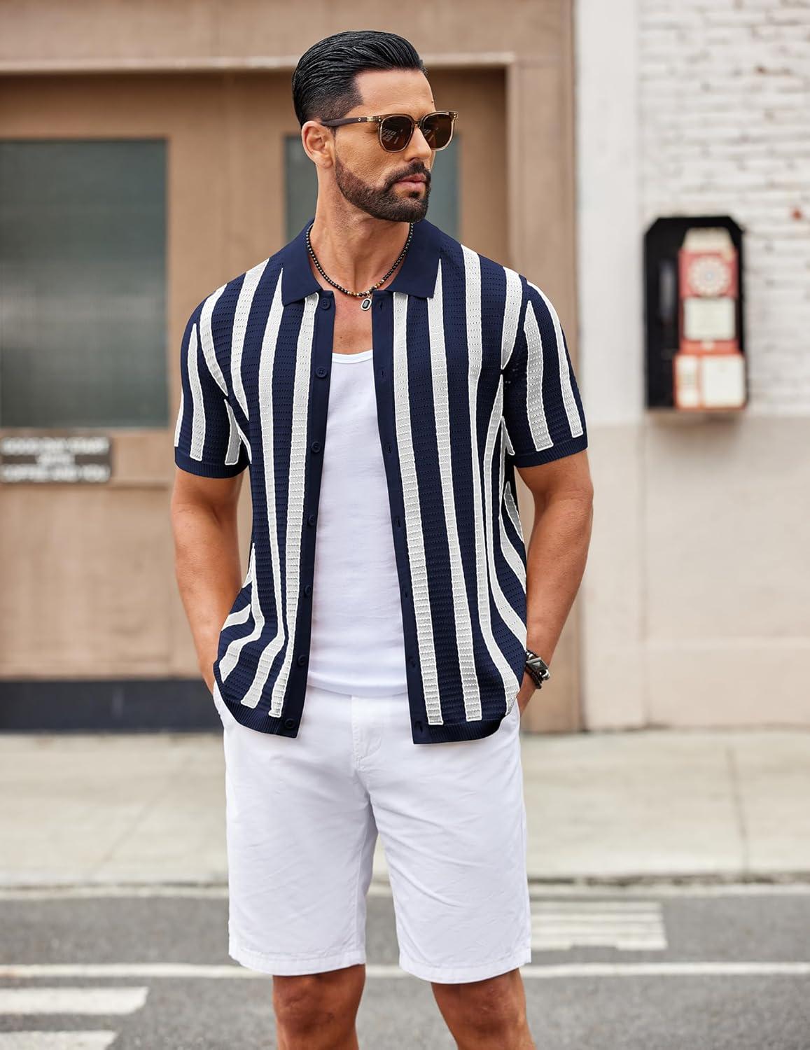 imageCOOFANDY Mens Knit Shirts Short Sleeve Button Down Polo Shirt Striped Casual Summer Beach ShirtsNavy Blue White