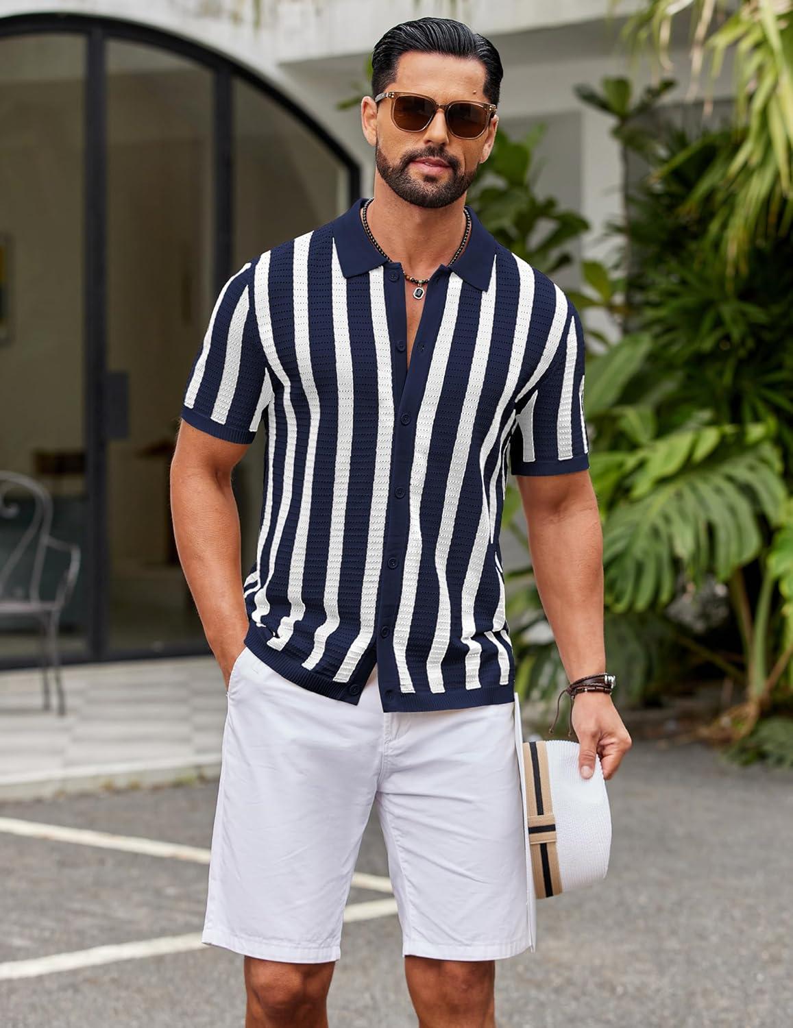 imageCOOFANDY Mens Knit Shirts Short Sleeve Button Down Polo Shirt Striped Casual Summer Beach ShirtsNavy Blue White