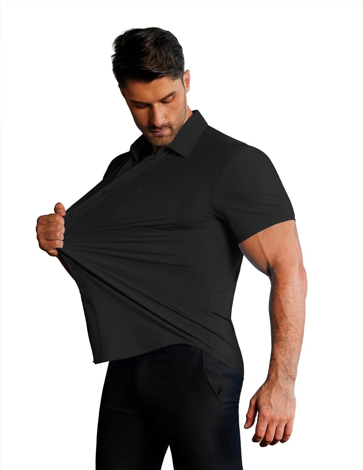 imageCOOFANDY Mens Muscle Fit Dress Shirts Stretch WrinkleFree Short Sleeve Casual Button Down ShirtsBlack