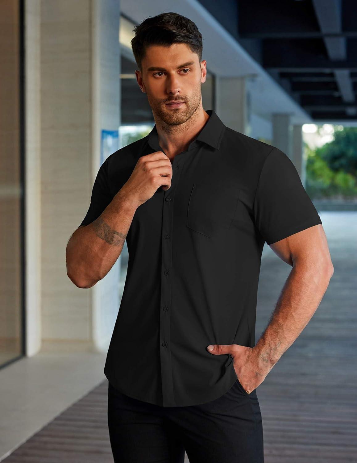 imageCOOFANDY Mens Muscle Fit Dress Shirts Stretch WrinkleFree Short Sleeve Casual Button Down ShirtsBlack