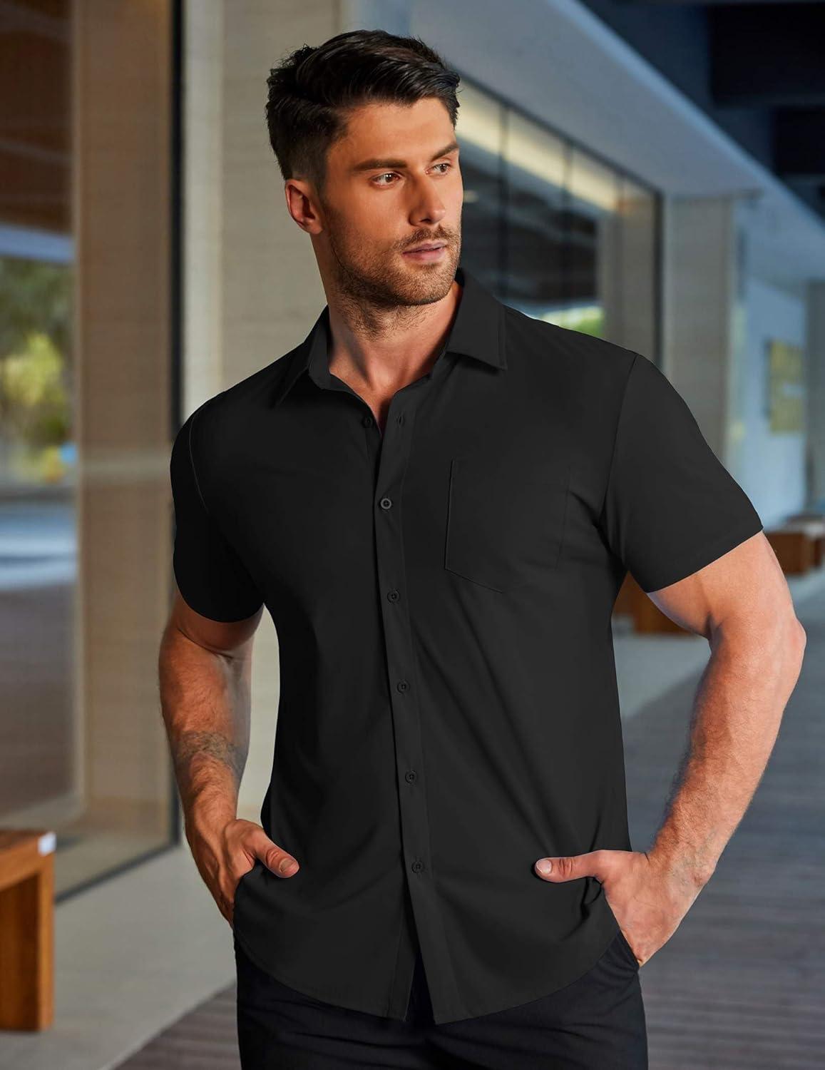 imageCOOFANDY Mens Muscle Fit Dress Shirts Stretch WrinkleFree Short Sleeve Casual Button Down ShirtsBlack