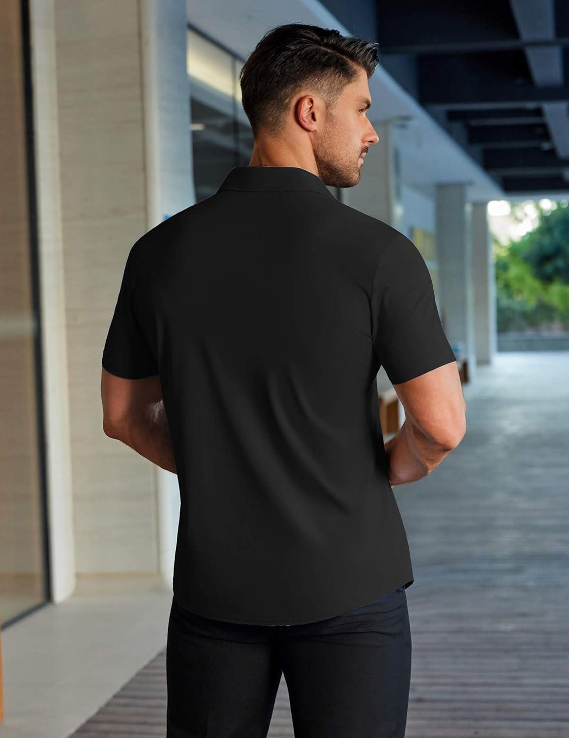 imageCOOFANDY Mens Muscle Fit Dress Shirts Stretch WrinkleFree Short Sleeve Casual Button Down ShirtsBlack