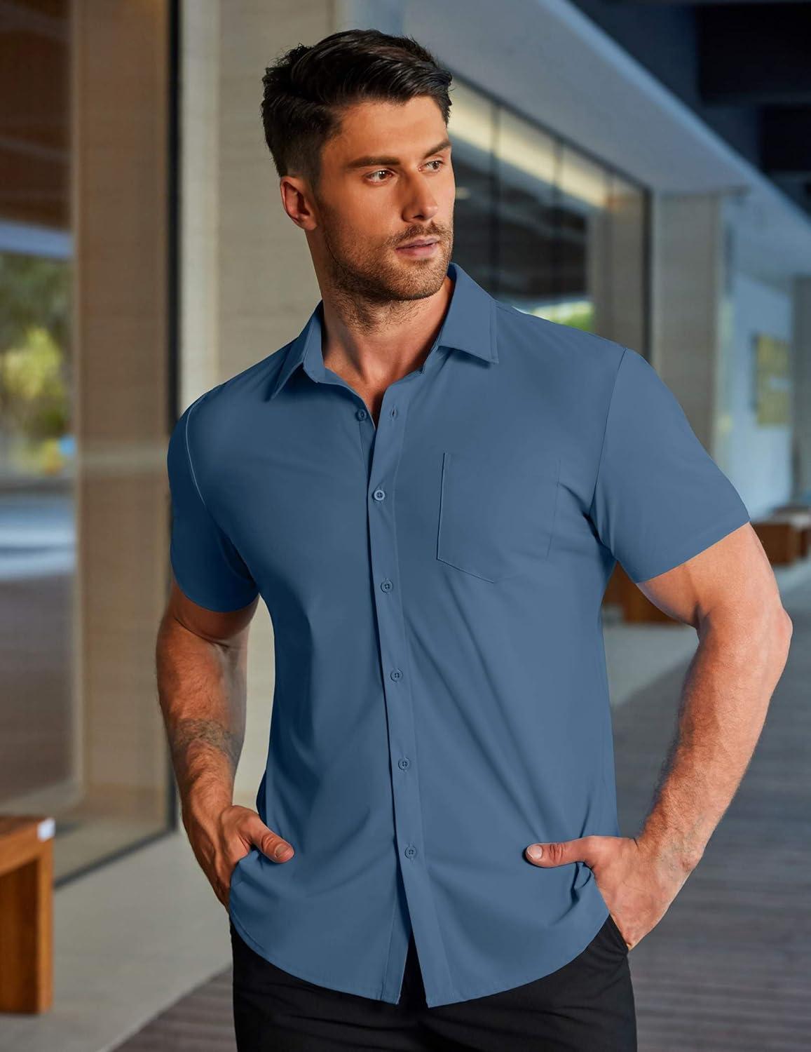 imageCOOFANDY Mens Muscle Fit Dress Shirts Stretch WrinkleFree Short Sleeve Casual Button Down ShirtsDark Blue