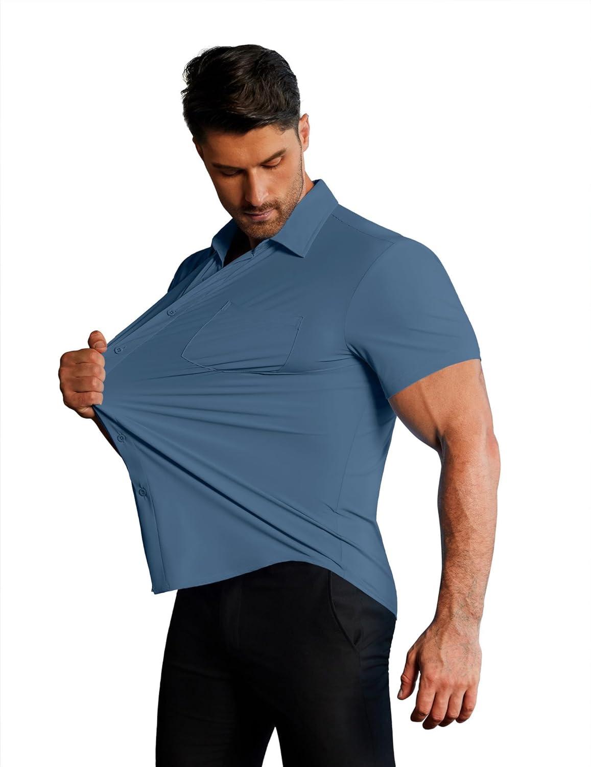 imageCOOFANDY Mens Muscle Fit Dress Shirts Stretch WrinkleFree Short Sleeve Casual Button Down ShirtsDark Blue