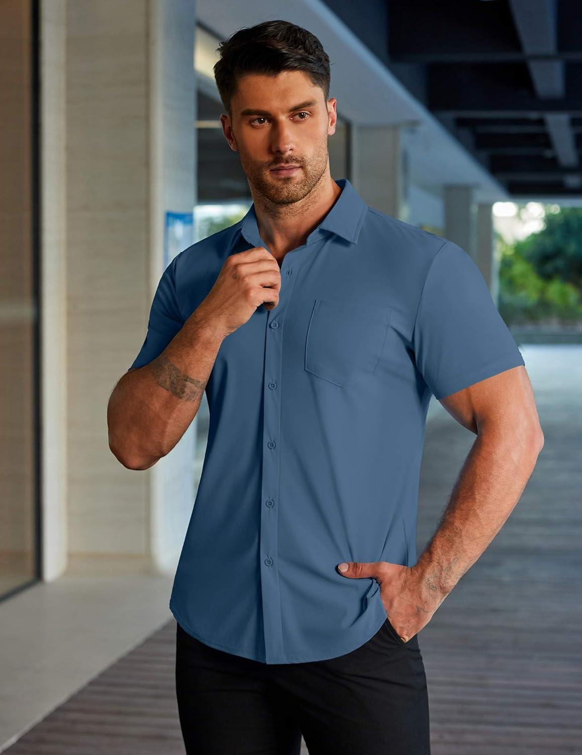 imageCOOFANDY Mens Muscle Fit Dress Shirts Stretch WrinkleFree Short Sleeve Casual Button Down ShirtsDark Blue