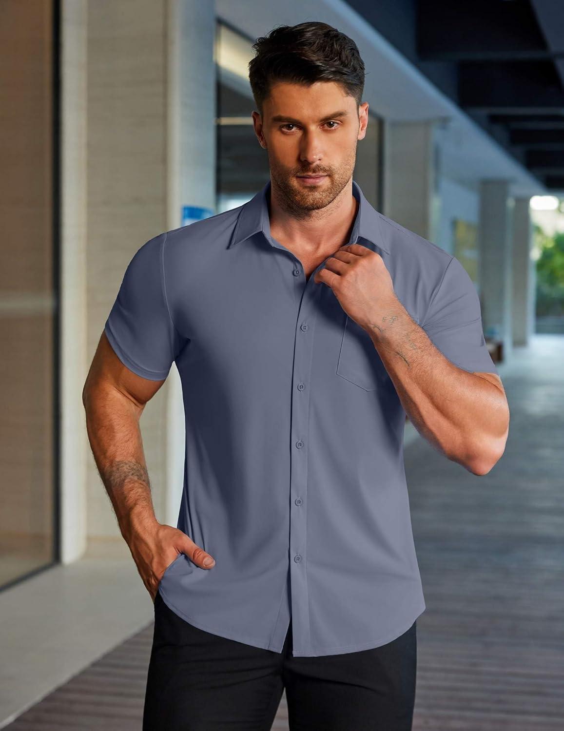 imageCOOFANDY Mens Muscle Fit Dress Shirts Stretch WrinkleFree Short Sleeve Casual Button Down ShirtsDeep Blue Sea