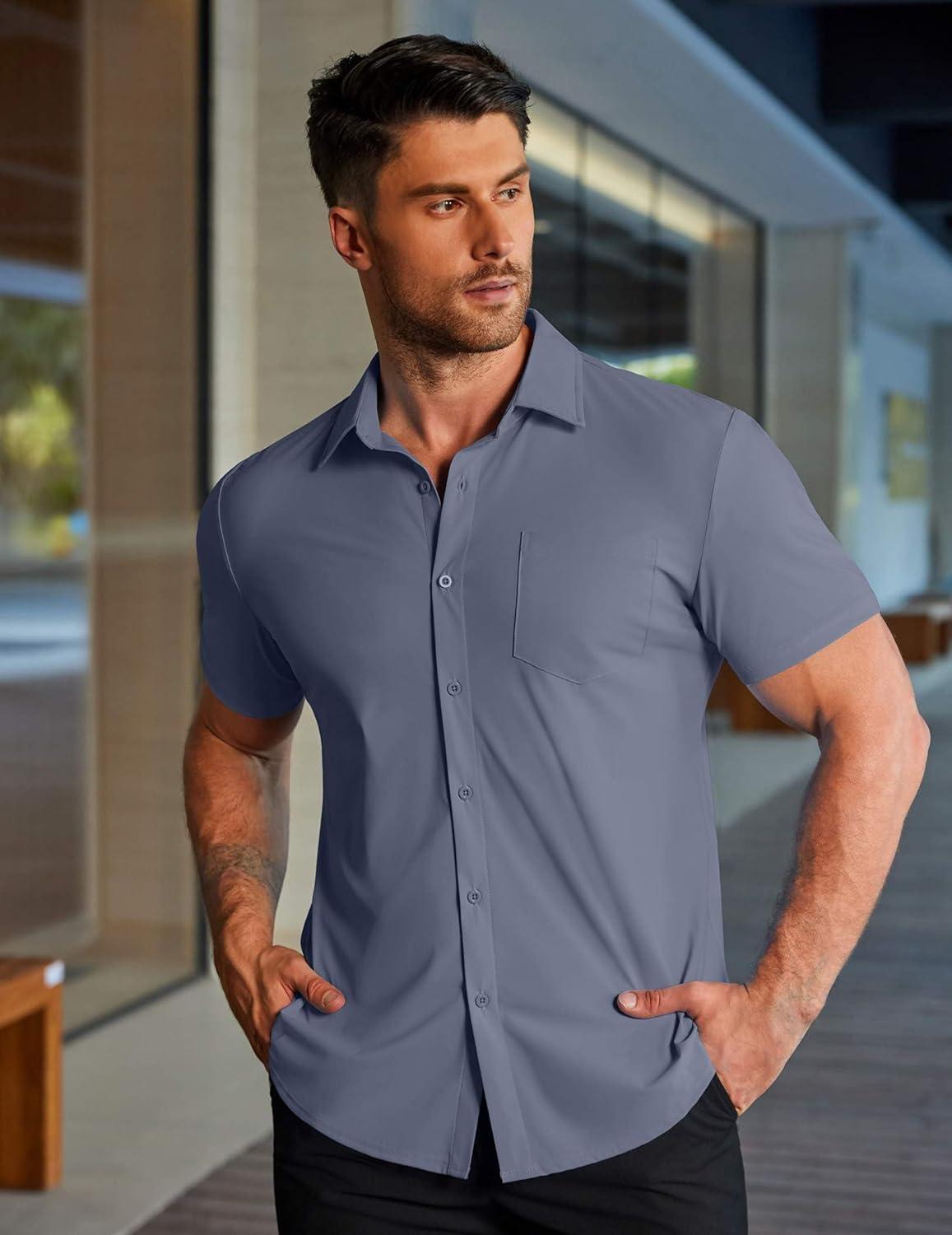 imageCOOFANDY Mens Muscle Fit Dress Shirts Stretch WrinkleFree Short Sleeve Casual Button Down ShirtsDeep Blue Sea