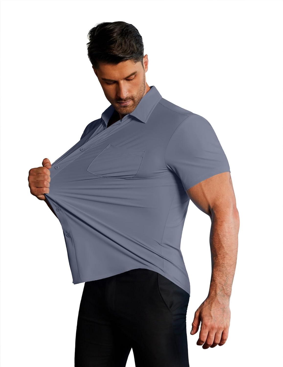 imageCOOFANDY Mens Muscle Fit Dress Shirts Stretch WrinkleFree Short Sleeve Casual Button Down ShirtsDeep Blue Sea