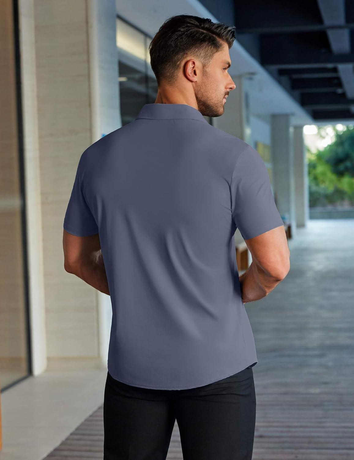 imageCOOFANDY Mens Muscle Fit Dress Shirts Stretch WrinkleFree Short Sleeve Casual Button Down ShirtsDeep Blue Sea
