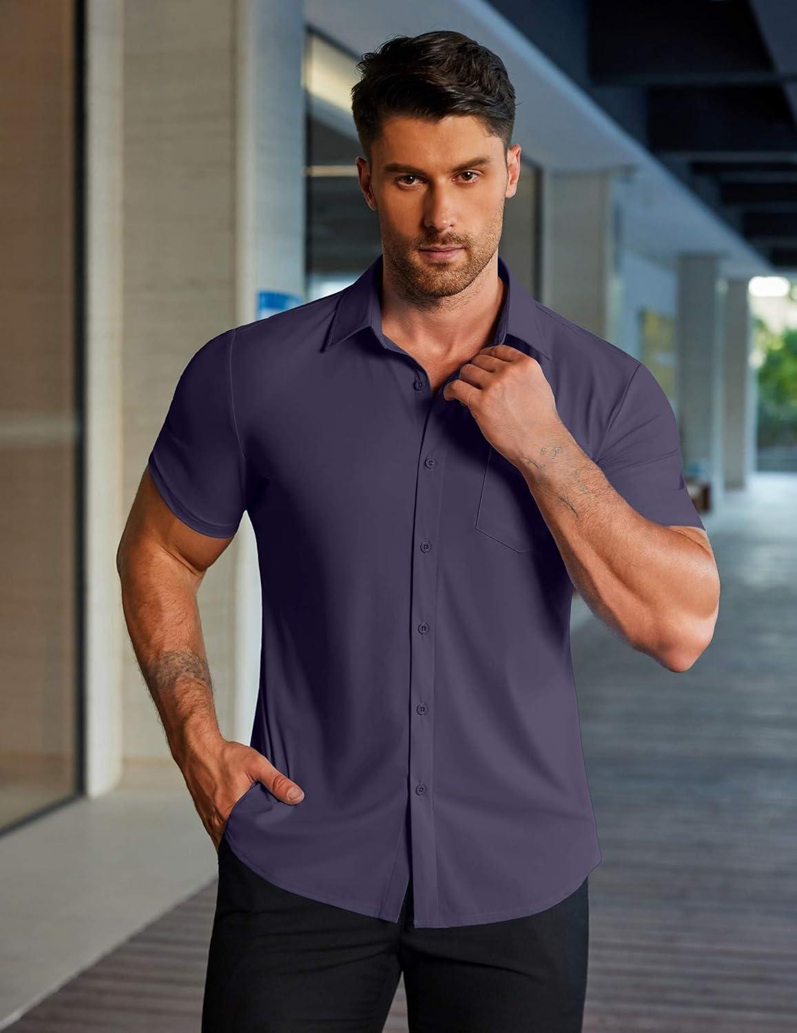 imageCOOFANDY Mens Muscle Fit Dress Shirts Stretch WrinkleFree Short Sleeve Casual Button Down ShirtsIndigo