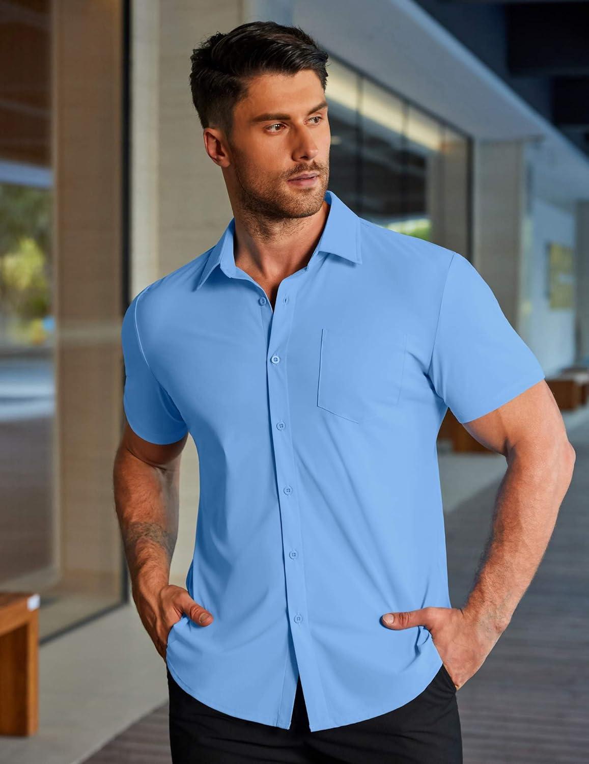 imageCOOFANDY Mens Muscle Fit Dress Shirts Stretch WrinkleFree Short Sleeve Casual Button Down ShirtsLight Blue