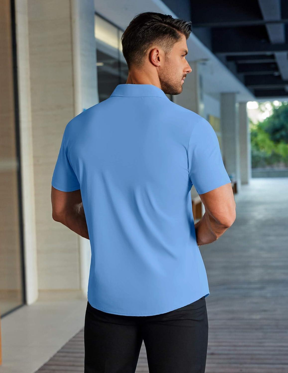 imageCOOFANDY Mens Muscle Fit Dress Shirts Stretch WrinkleFree Short Sleeve Casual Button Down ShirtsLight Blue