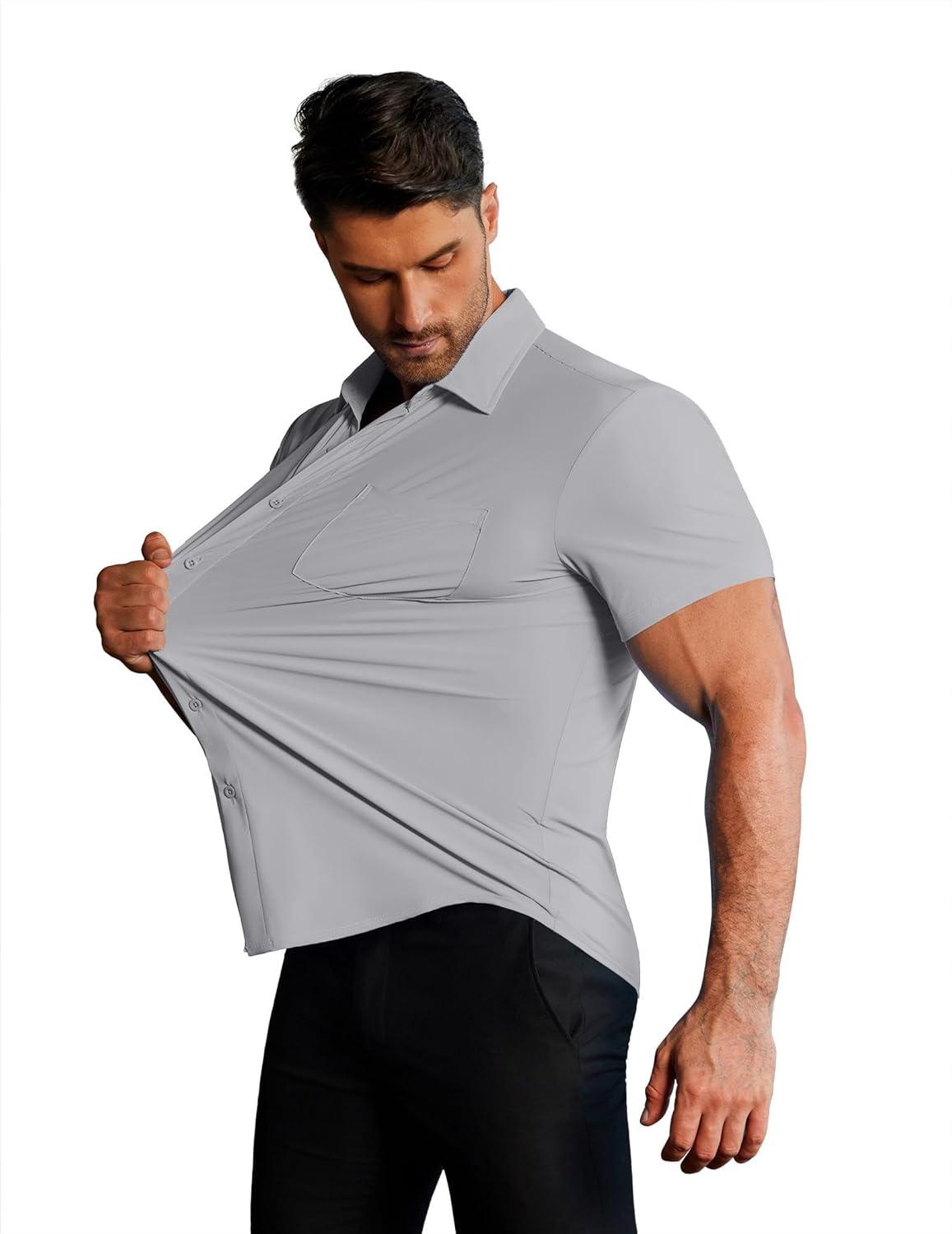 imageCOOFANDY Mens Muscle Fit Dress Shirts Stretch WrinkleFree Short Sleeve Casual Button Down ShirtsLight Grey