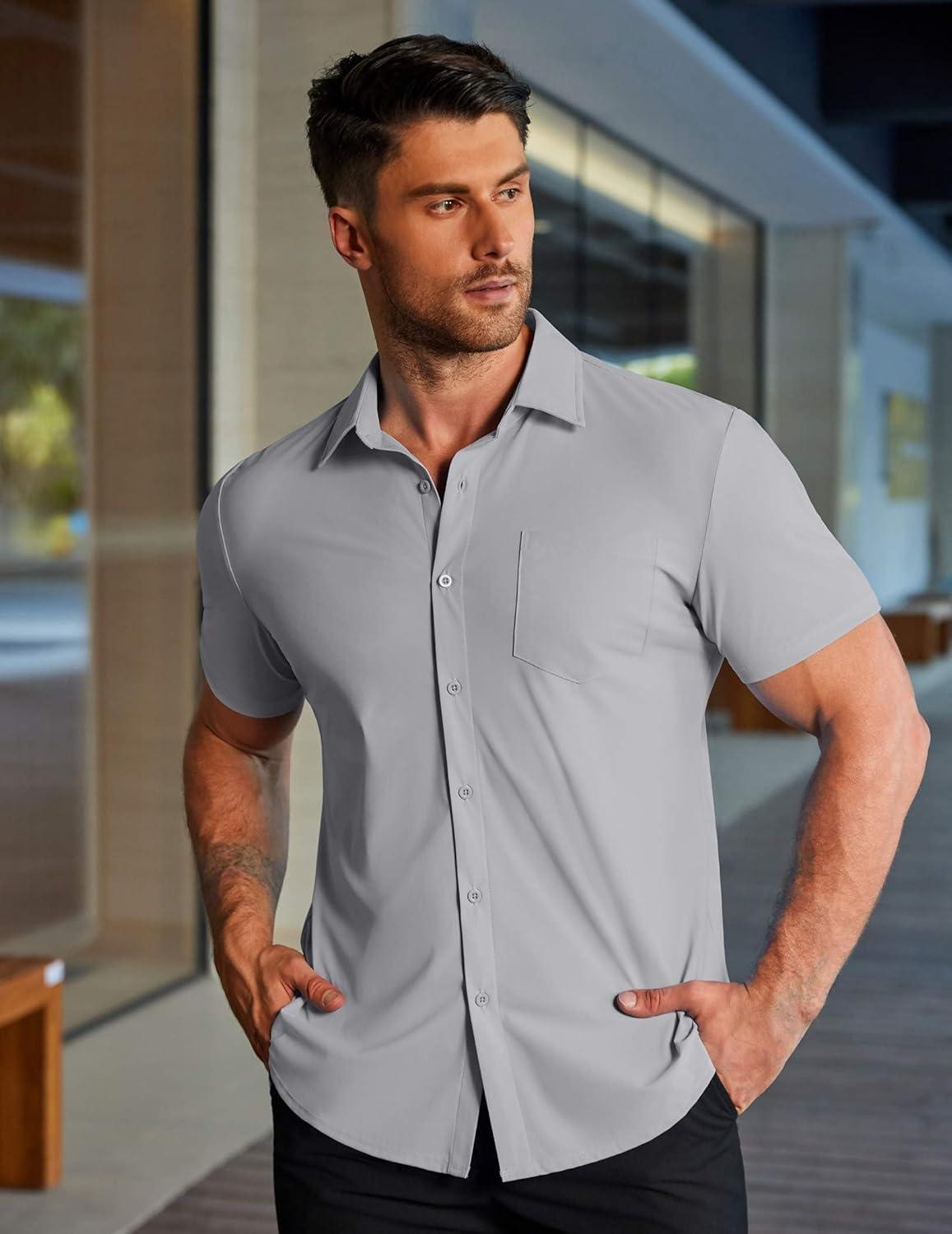 imageCOOFANDY Mens Muscle Fit Dress Shirts Stretch WrinkleFree Short Sleeve Casual Button Down ShirtsLight Grey