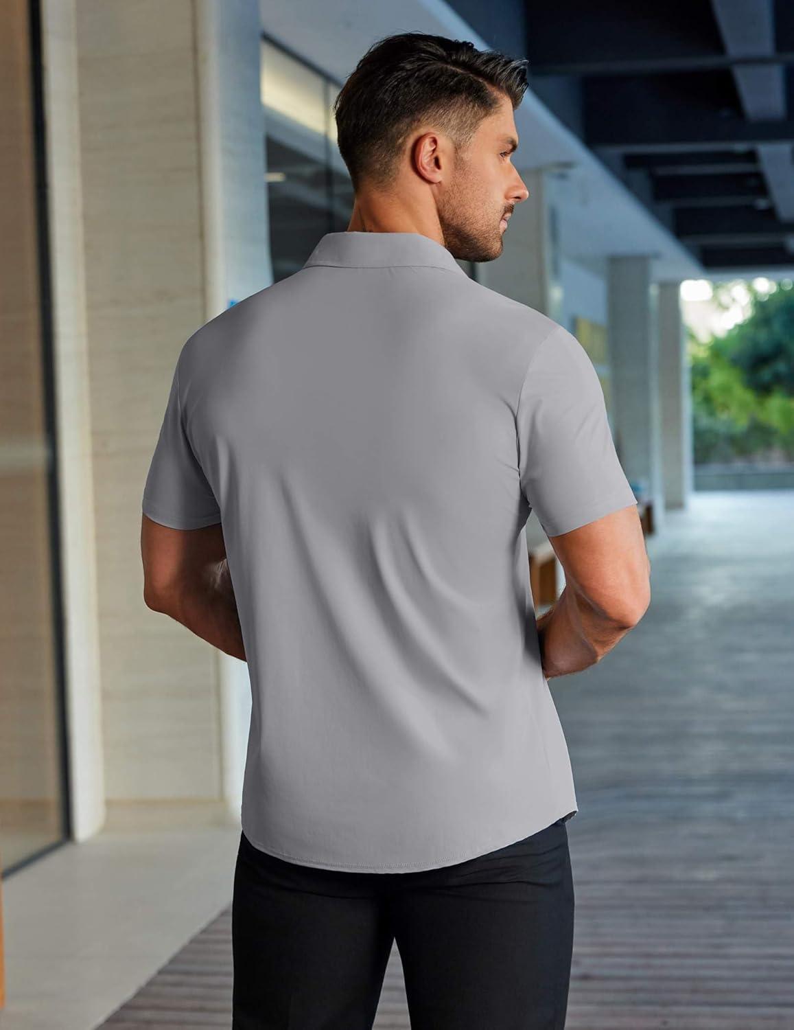 imageCOOFANDY Mens Muscle Fit Dress Shirts Stretch WrinkleFree Short Sleeve Casual Button Down ShirtsLight Grey