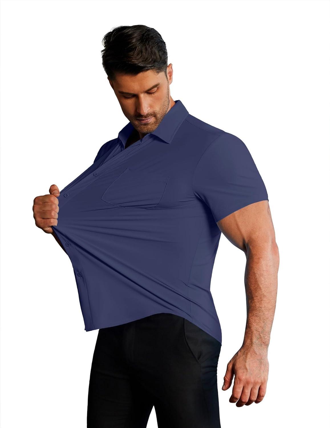 imageCOOFANDY Mens Muscle Fit Dress Shirts Stretch WrinkleFree Short Sleeve Casual Button Down ShirtsNavy Blue
