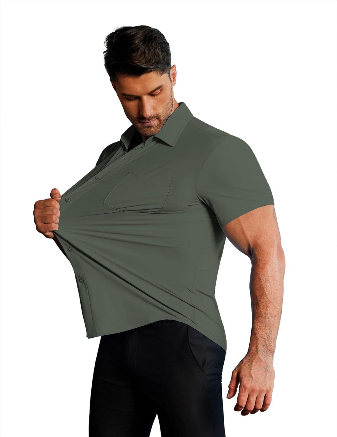 imageCOOFANDY Mens Muscle Fit Dress Shirts Stretch WrinkleFree Short Sleeve Casual Button Down ShirtsOlive Green