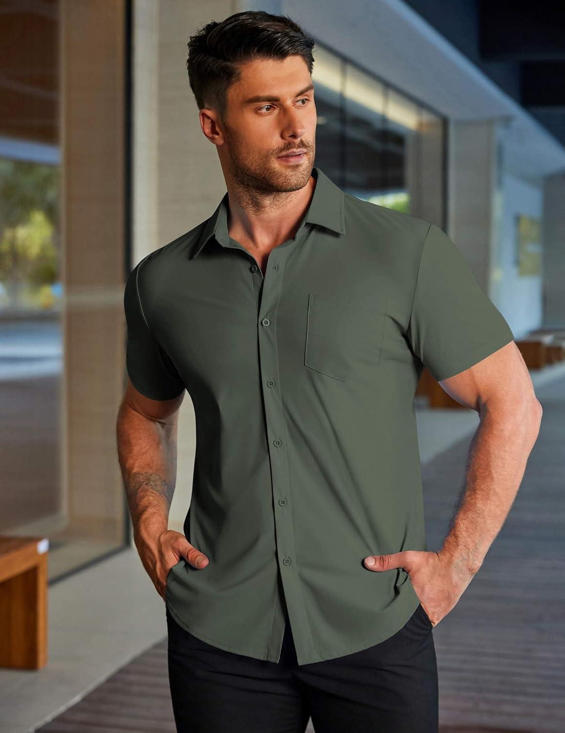 imageCOOFANDY Mens Muscle Fit Dress Shirts Stretch WrinkleFree Short Sleeve Casual Button Down ShirtsOlive Green