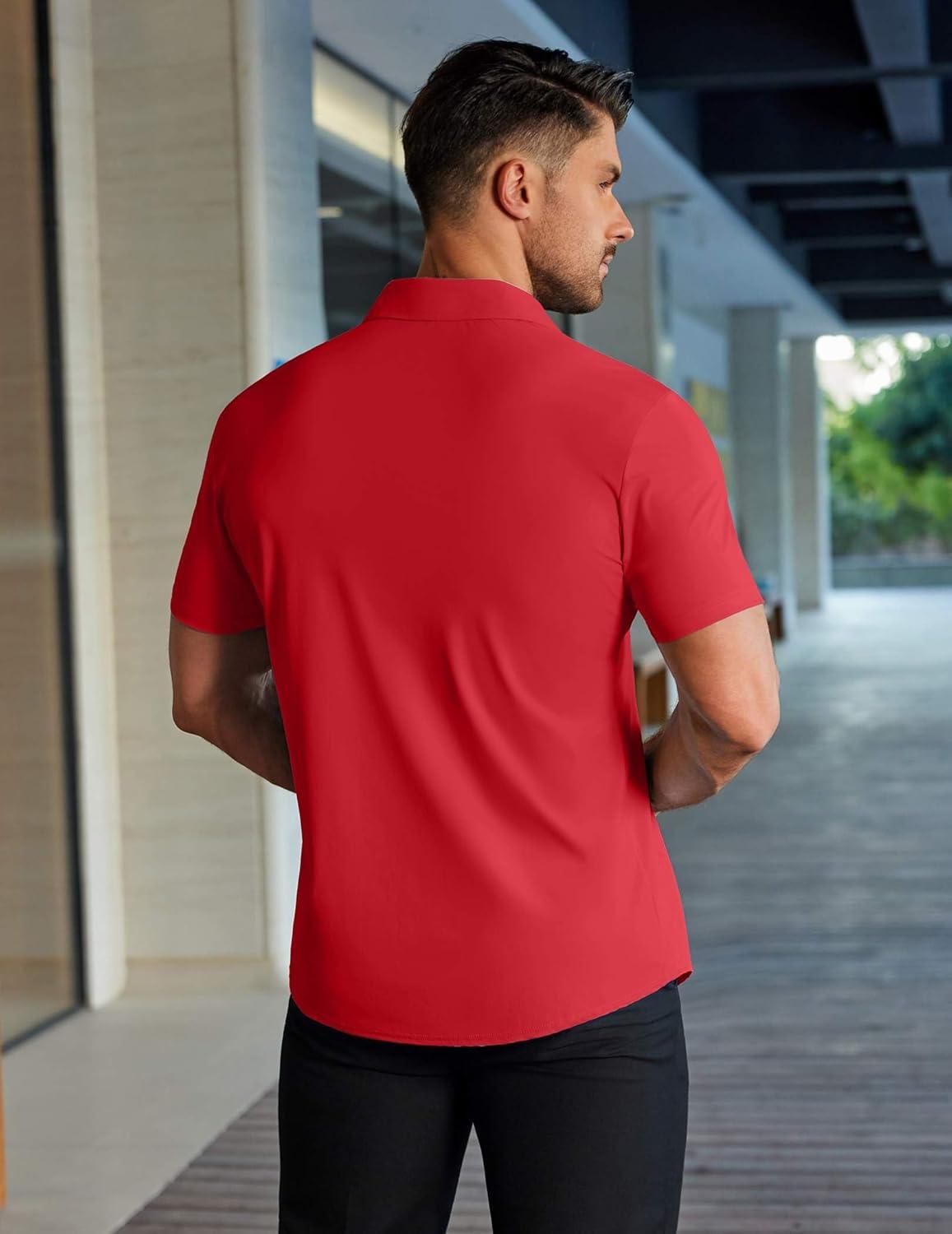imageCOOFANDY Mens Muscle Fit Dress Shirts Stretch WrinkleFree Short Sleeve Casual Button Down ShirtsRed