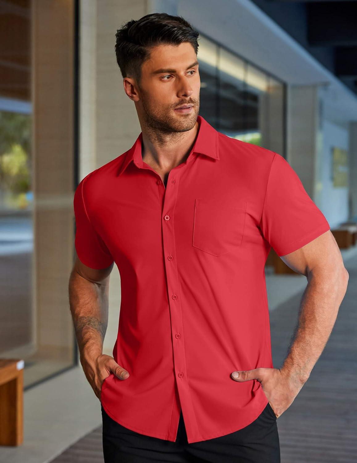 imageCOOFANDY Mens Muscle Fit Dress Shirts Stretch WrinkleFree Short Sleeve Casual Button Down ShirtsRed