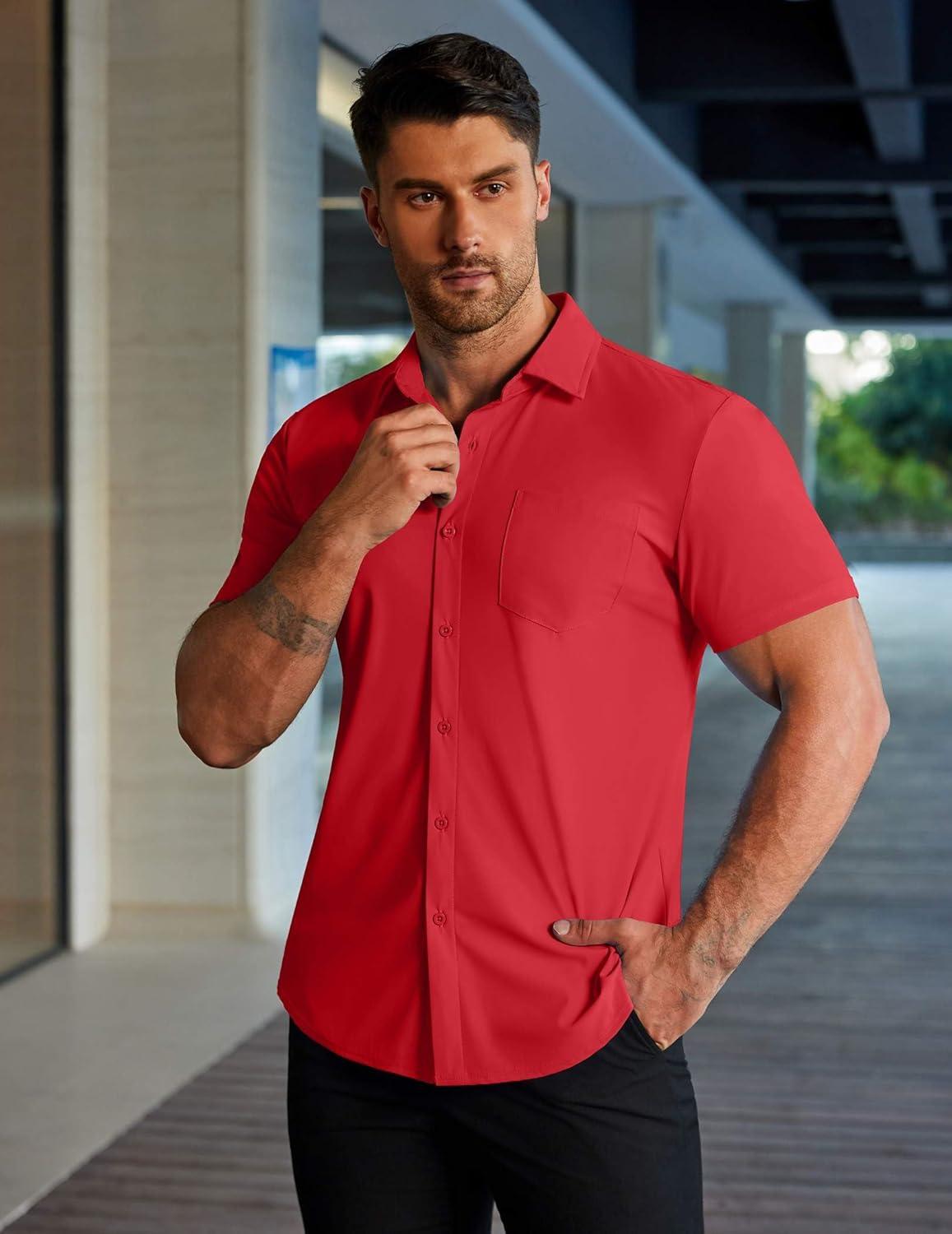 imageCOOFANDY Mens Muscle Fit Dress Shirts Stretch WrinkleFree Short Sleeve Casual Button Down ShirtsRed