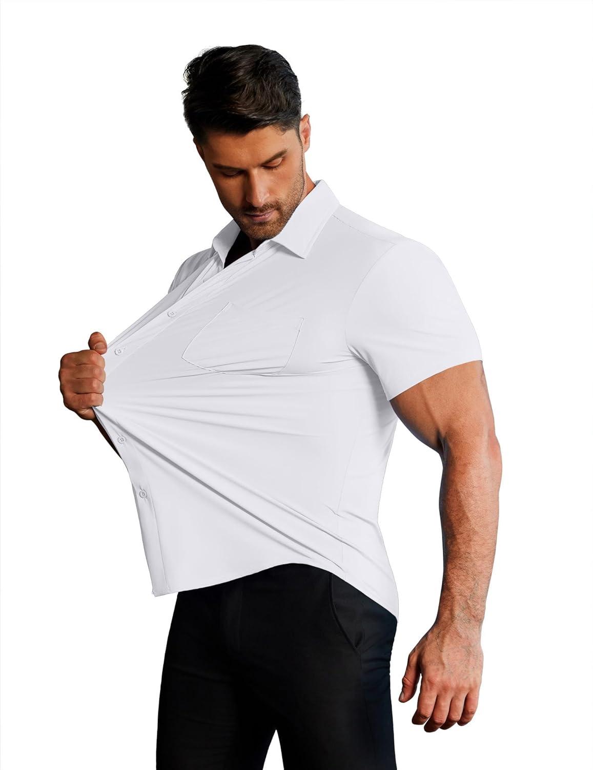 imageCOOFANDY Mens Muscle Fit Dress Shirts Stretch WrinkleFree Short Sleeve Casual Button Down ShirtsWhite